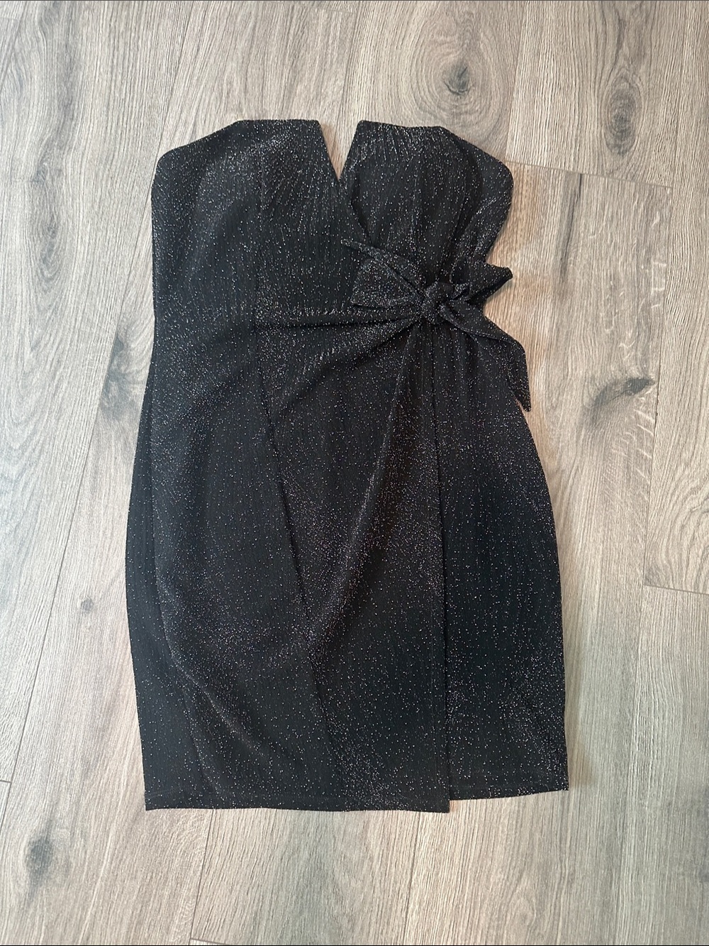 Strapless Black Sparkle Bow-Front Cocktail Dress
